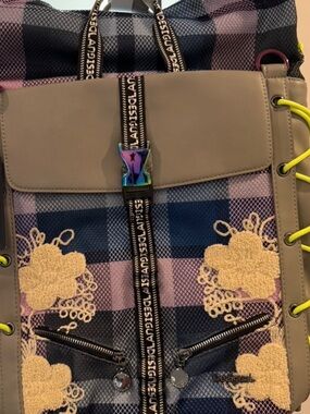 Desigual Plaid Backpack with Beige Trim and Pink Accents